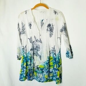 Unbranded Sheer Floral Tunic White Teal Yellow Black 3/4 Sleeve Size‎ Medium